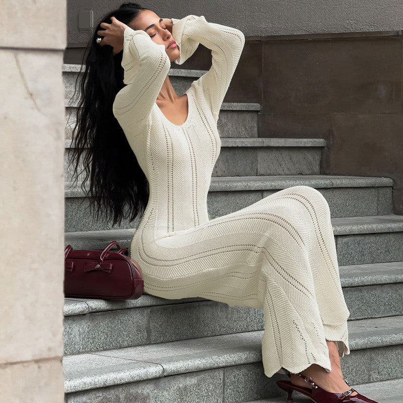 Solid Color Woolen Dress Long Sleeve U Collar Slim Fit Dress