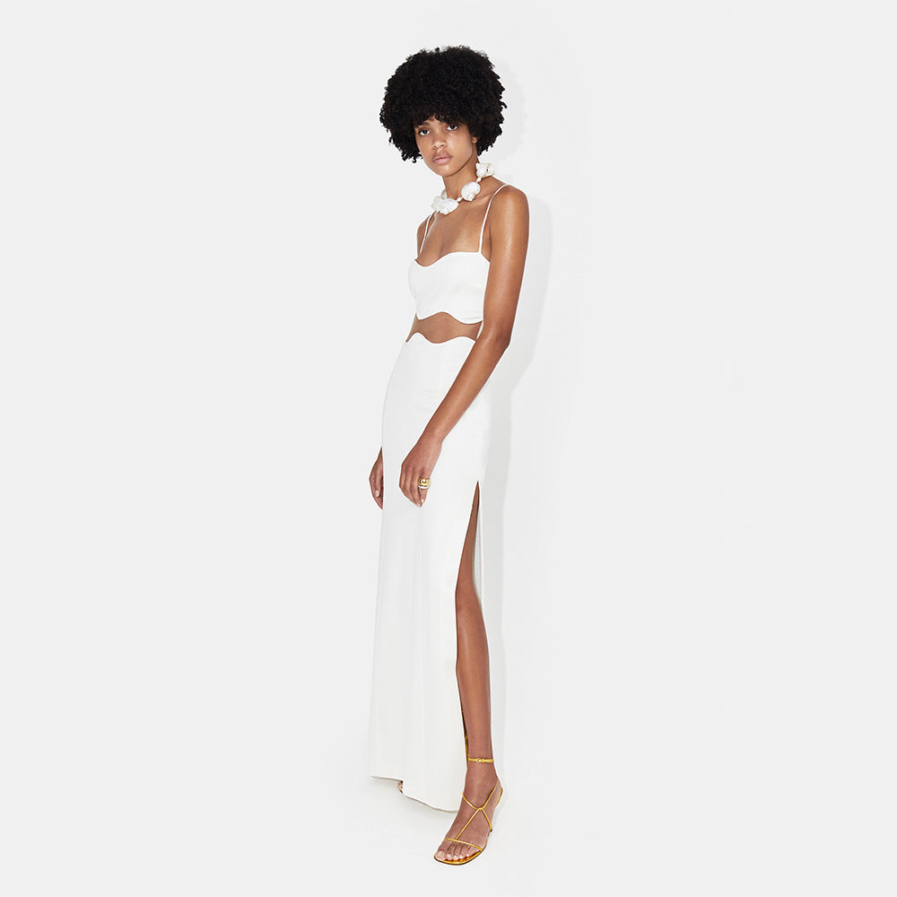 Wave Mesh Spaghetti Strap Dress Cropped Outfit See through Split Dress