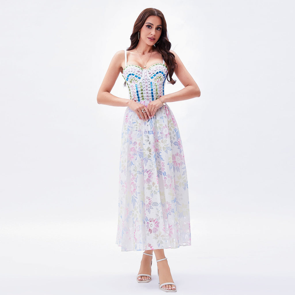 French Romantic Holiday Beaded Strap Tube Top Dress Three Dimensional Floral Fairy Boning Corset Waist Tight Princess Sling Dress