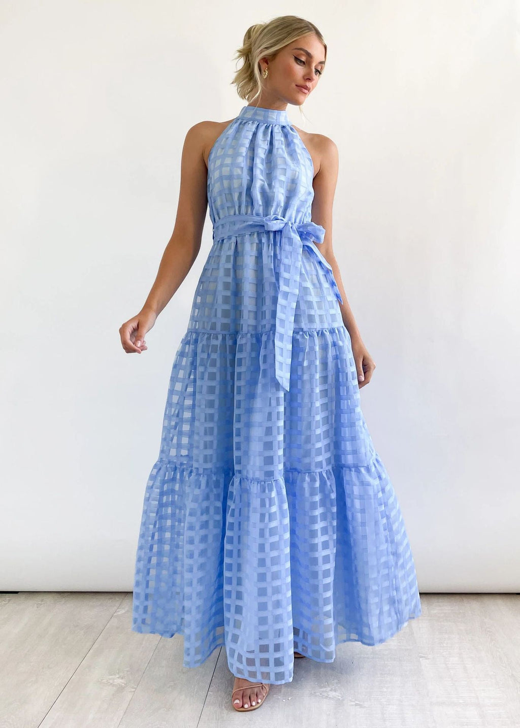 StCollar Solid Color Plaid Retro Maxi Dress Casual Dress for