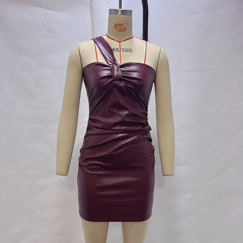 Oblique Shoulder Tube Top Cinched Waist Hip Bag Dress