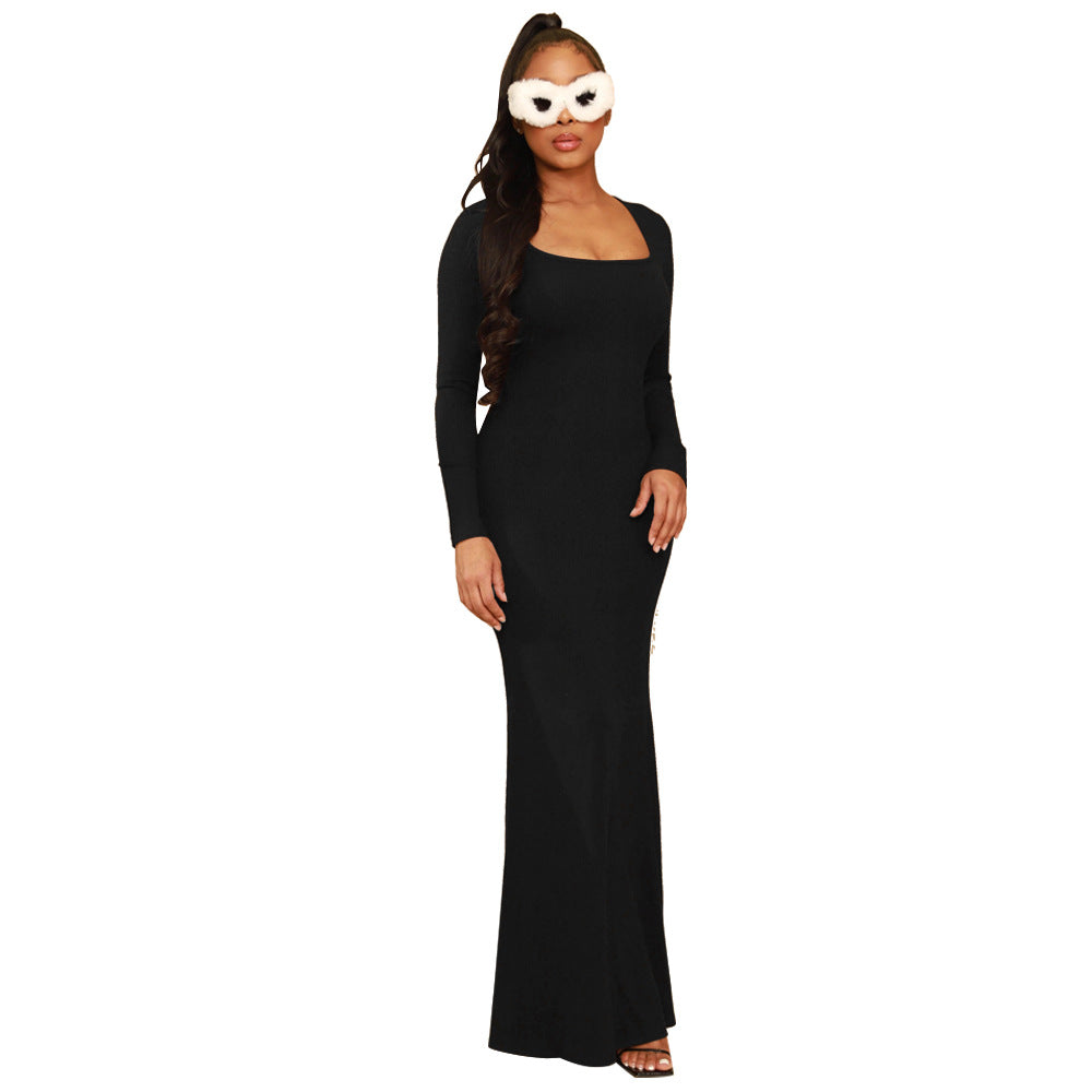 Solid Color High Waist Slim Mop Dinner Fishtail Dress
