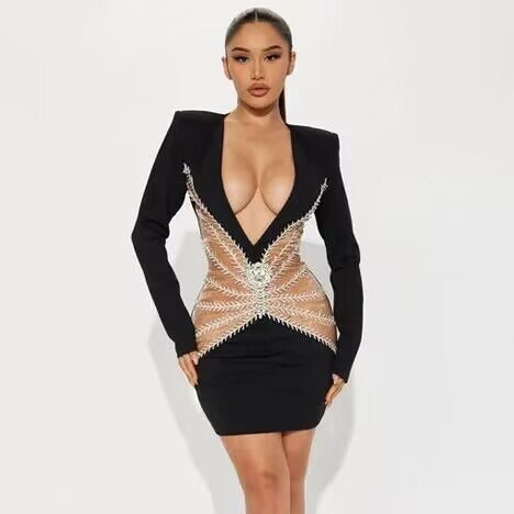 Graceful Rhinestones Tassel V neck Bandage Dress