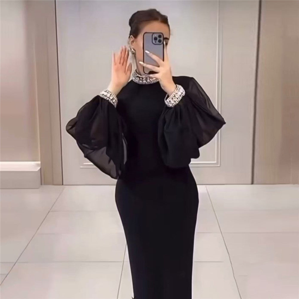 Light Luxury Diamond Stitching Mesh Lantern Sleeve Bandage One Piece Dress Hepburn Socialite Formal Dress