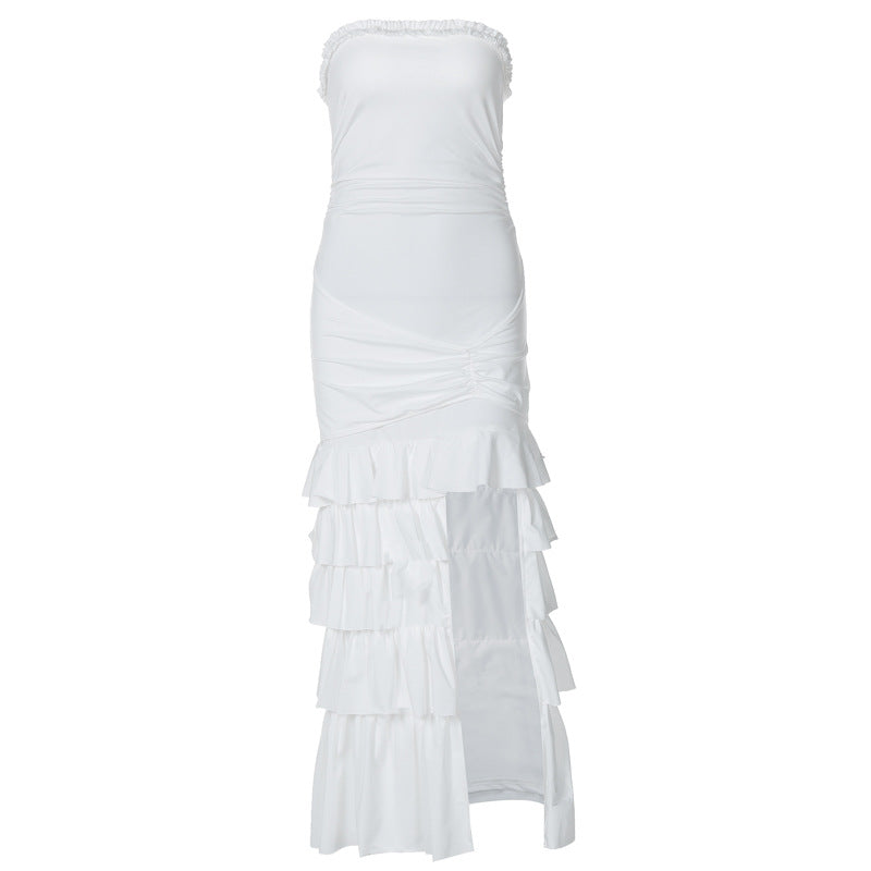 Solid Color Wrapped Chest Pleated Slim Fit Patchwork Split Dress High Sense