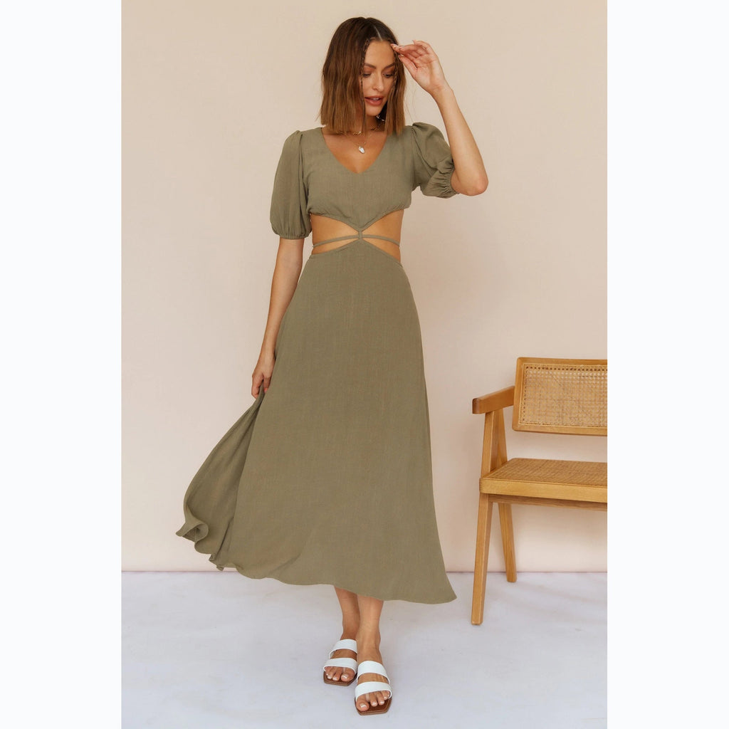 Solid Color High Waist Mid-Length Dress Hollow Out Cutout Hollow Out Cutout Out