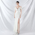Craft Order Ostrich Feather Sequin Ladies Party Evening Dress Long Sleeveless Split Toast Dress