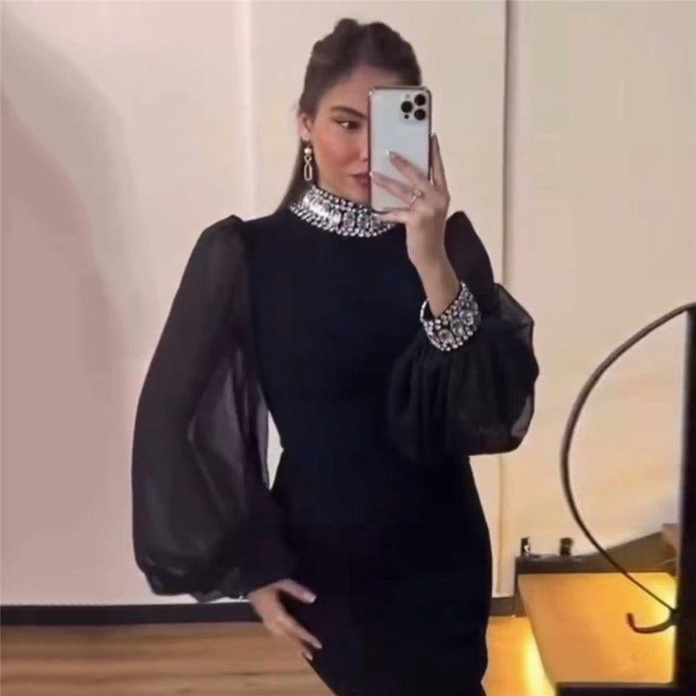 Light Luxury Diamond Stitching Mesh Lantern Sleeve Bandage One Piece Dress Hepburn Socialite Formal Dress