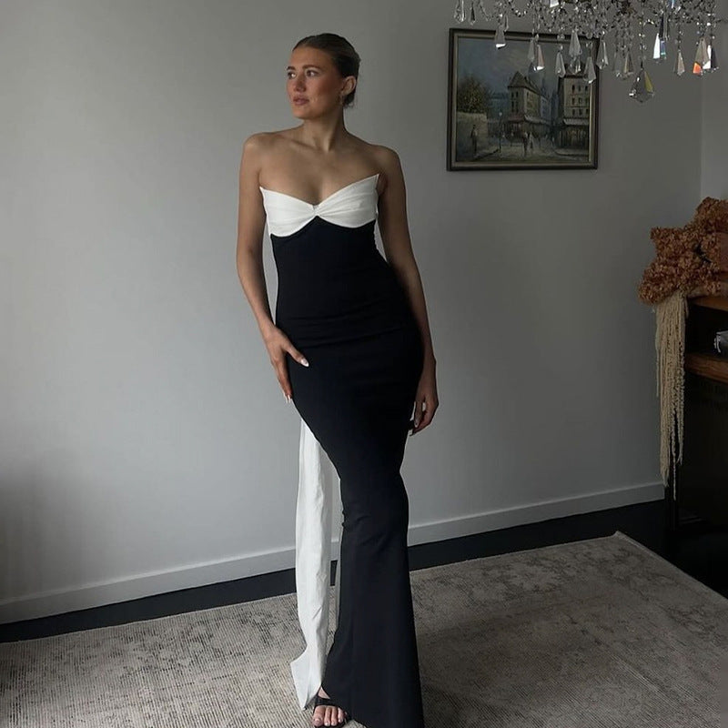 Color Contrast Backless Bow Tube Top Ribbon Dress
