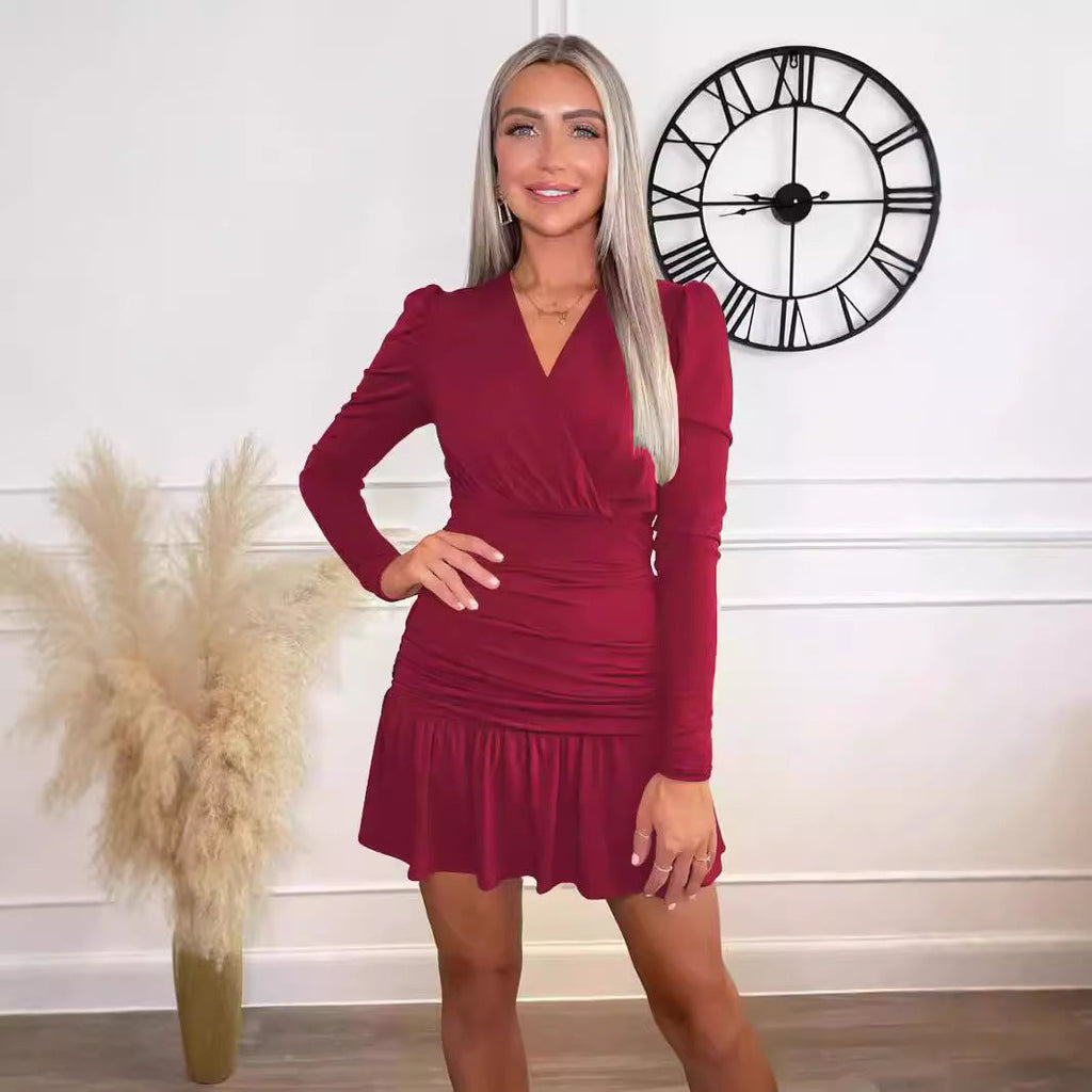 Wear  Long Sleeve Dress V Neck Pleated Slim Hip Dress