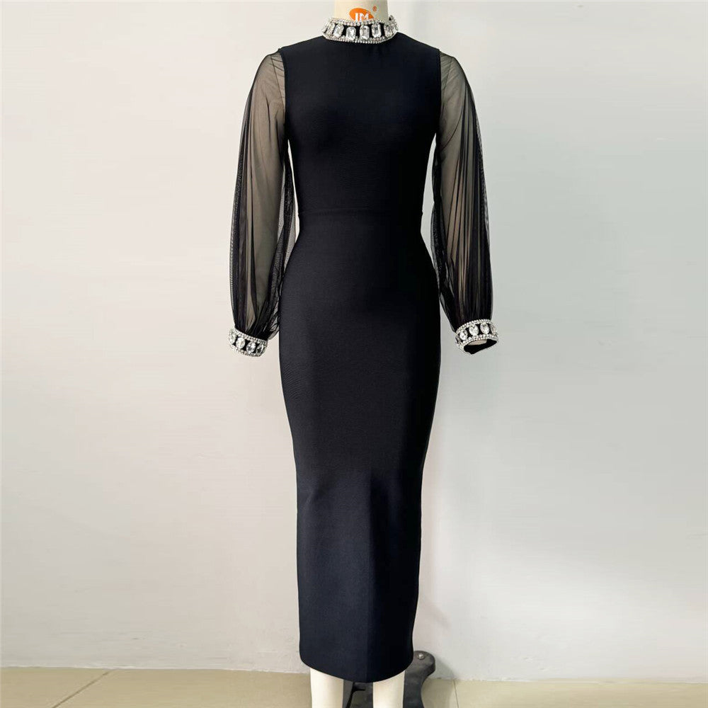 Light Luxury Diamond Stitching Mesh Lantern Sleeve Bandage One Piece Dress Hepburn Socialite Formal Dress