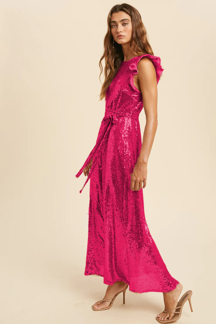 Sequ Dress Sleeveless Belt Round Neck Midi Dress Party Cocktail Dress