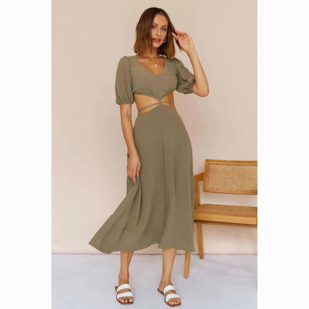 Solid Color High Waist Mid-Length Dress Hollow Out Cutout Hollow Out Cutout Out