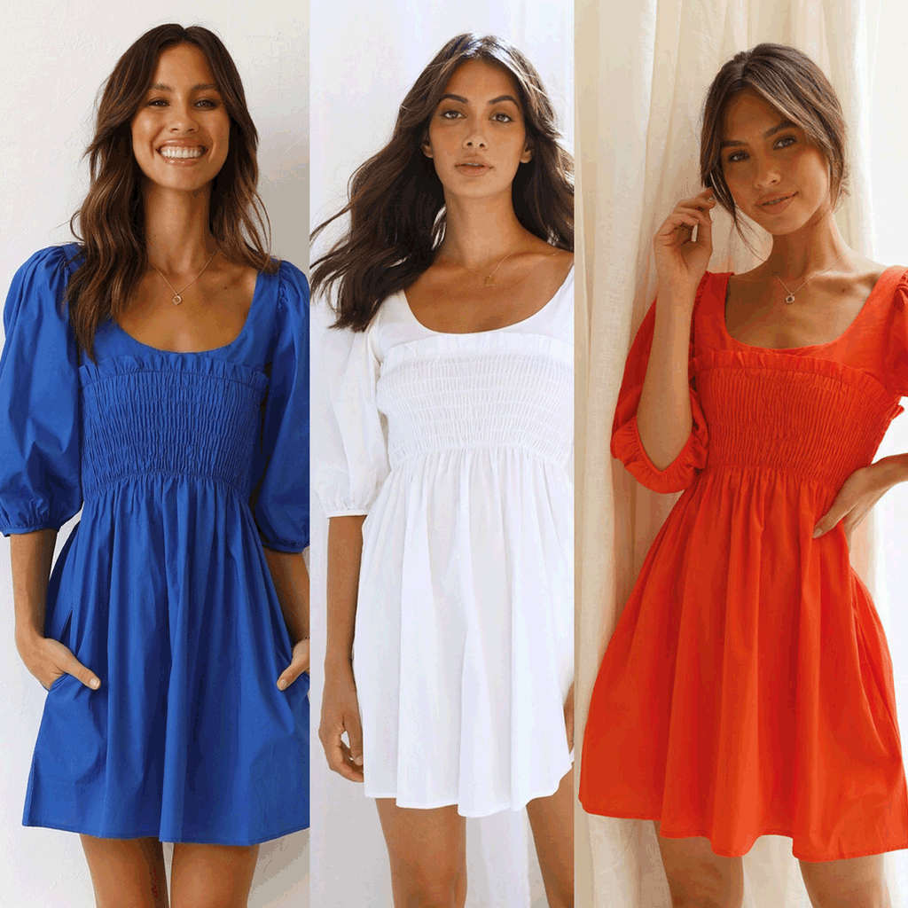 Solid Color U-Collar Tight Waist Fresh Sweet Short Dress