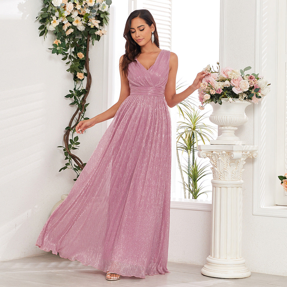 Pleated Shiny Double V Neck Large A Hem Party Evening Dress Short Sleeve Back Zipper Full Lining Prom Dress