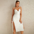 Fashionable Elegant Dress Pleated V neck Lace up High Slit Dress