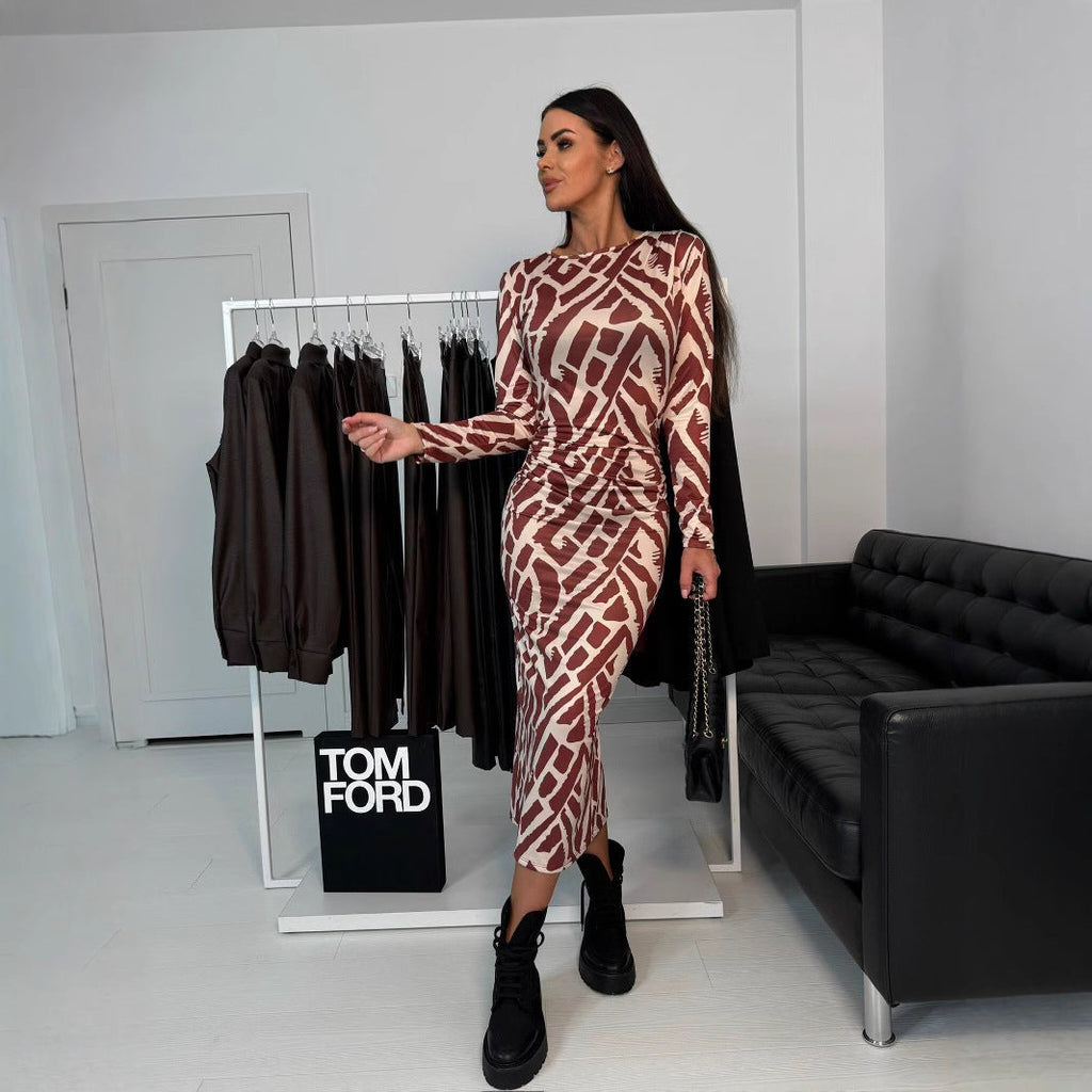 Printed Slim Fit High Waist Midi Dress Long Sleeve