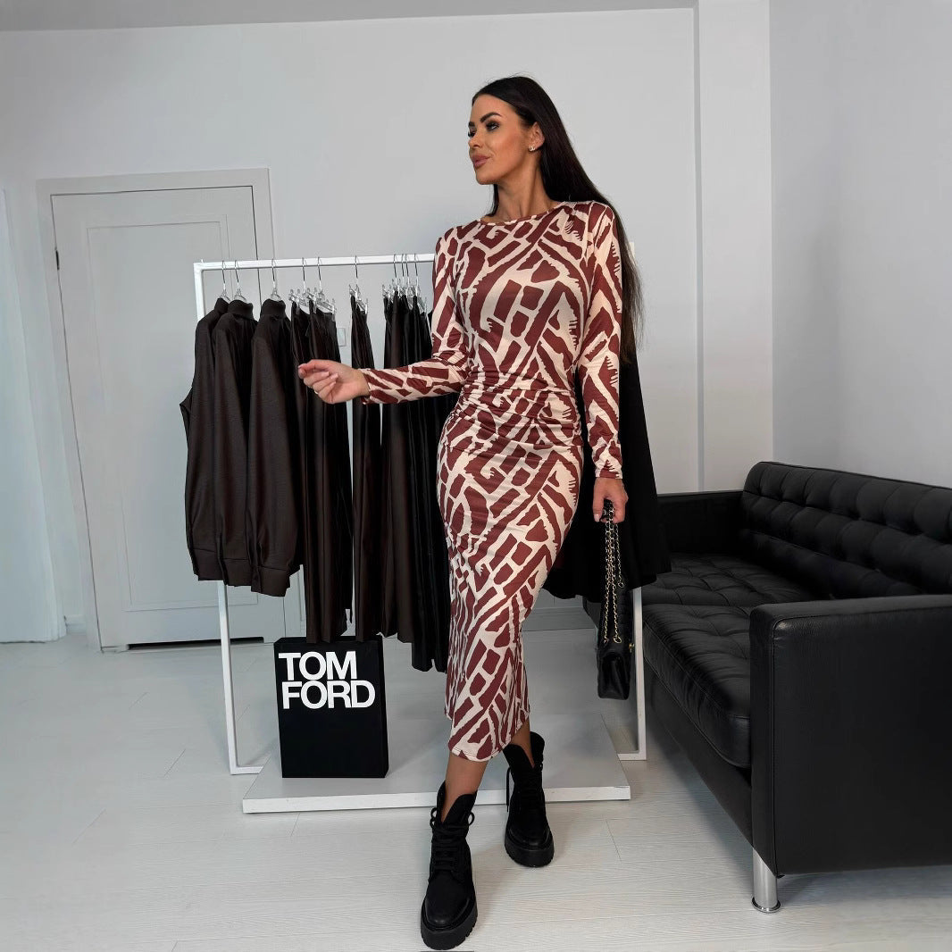 Printed Slim Fit High Waist Midi Dress Long Sleeve