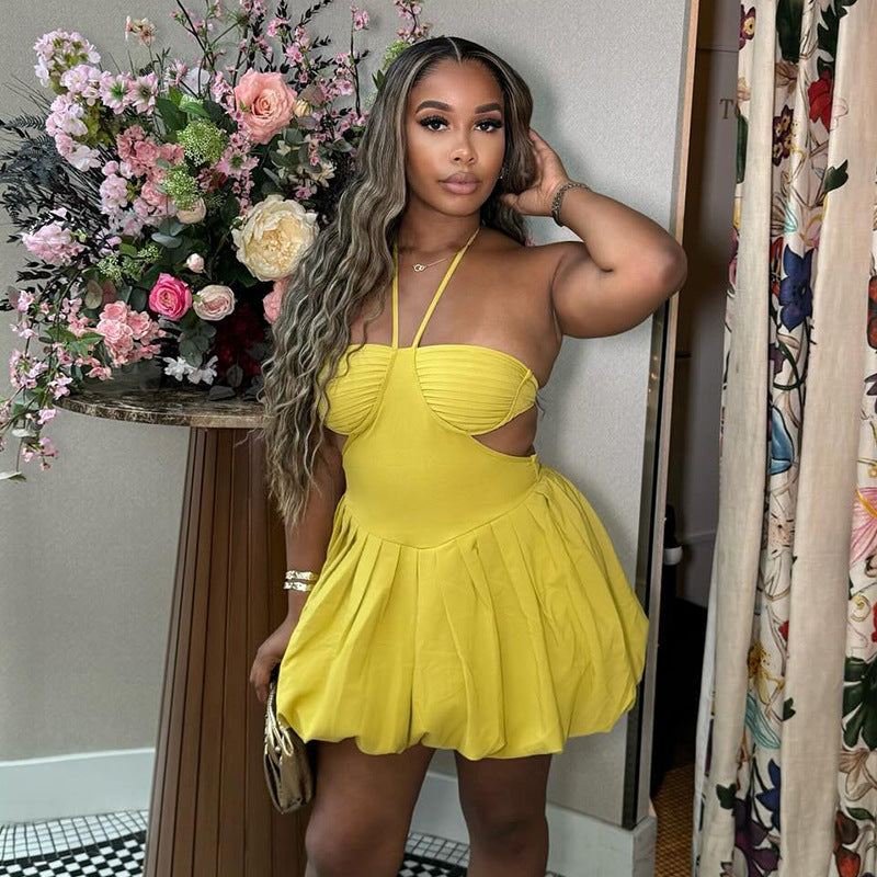 Sweet Fresh Halter Tube Top Backless High Waist Short Dress Puffy dress