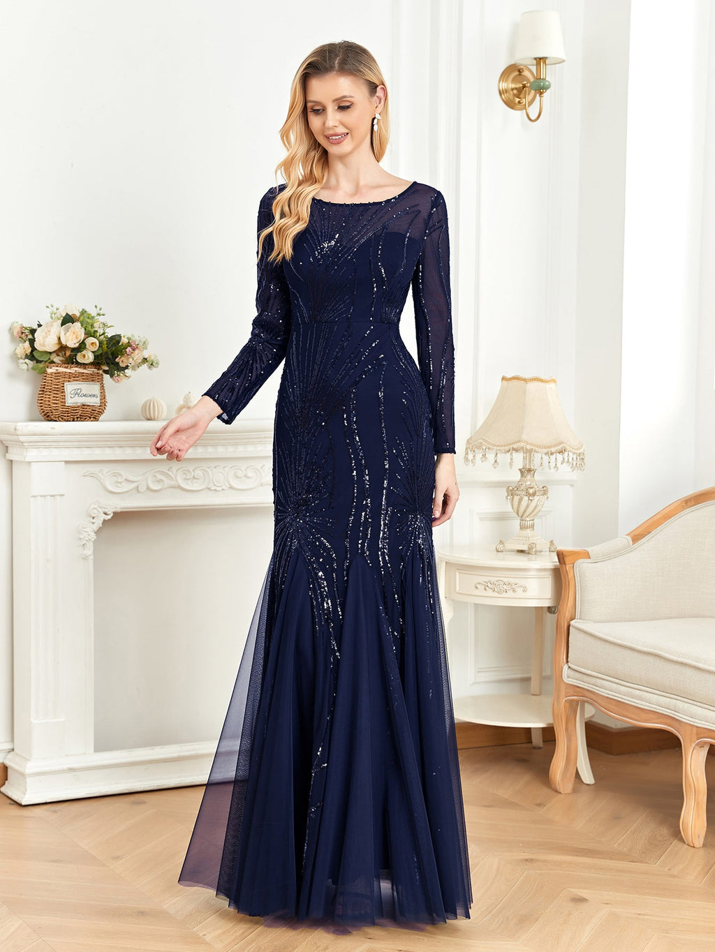 Dress Long Sleeve round Neck Slim Fit Fishtail Bridesmaid Cocktail Evening Dress for Toasting Elegant