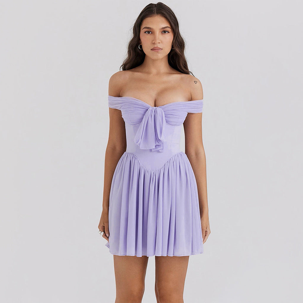 Off Shoulder Mesh Tube Top Purple Short Dress
