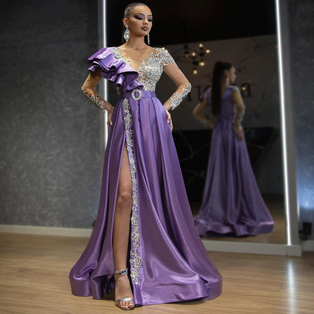 Evening Satin Gold Purple Sequ Dress
