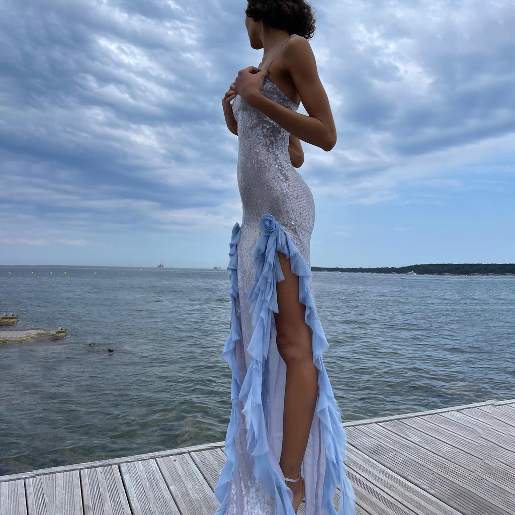 Evening Dress See through Maxi Dress Sequined Stringy Selvedge Dress Three Dimensional Floral Frayed Dress