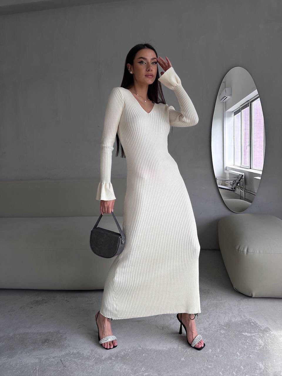 Long Sleeve V neck Tight Knitted Dress Solid Color Rib Fabric Wool Long  Dress