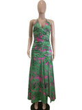 Spaghetti Strap Floral Print Pleating Slit Dress Long