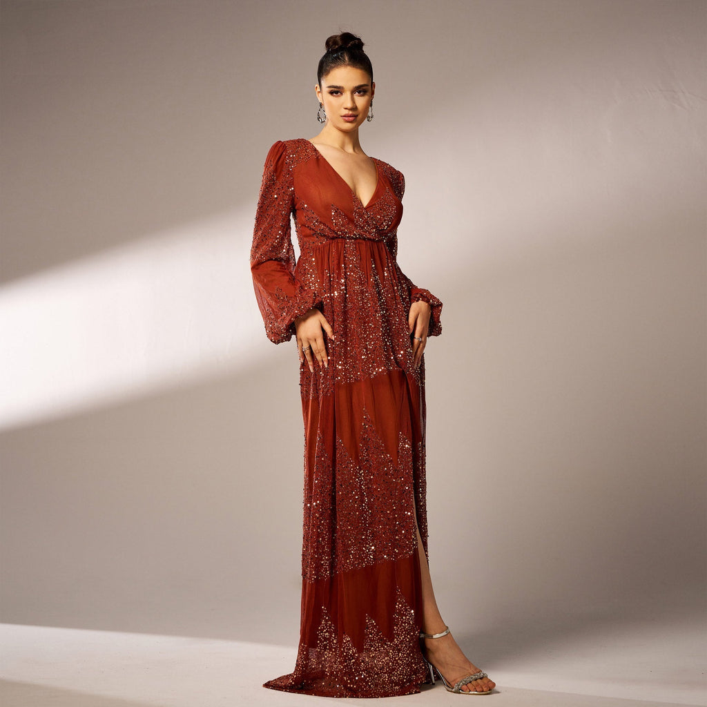 High End Long Sleeved Elegant V Neck Long Sequined Cocktail Evening Dress Bridesmaid Dress