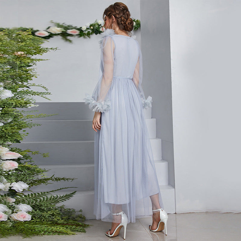 Fairy Dress V neck Long Sleeve High Waist Applique Long Lace Dress