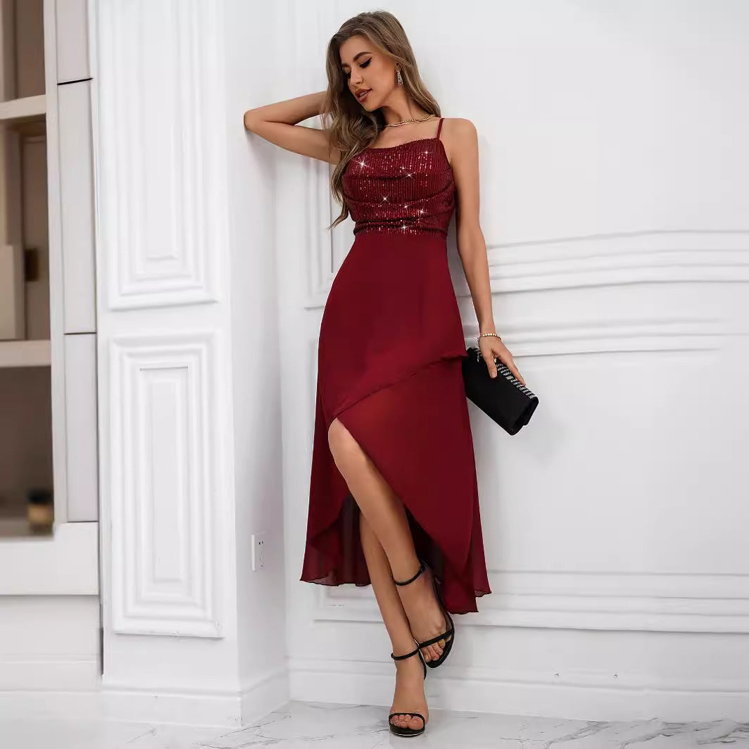 Sequined Suspender Chiffon Patchwork Dress Evening Dress