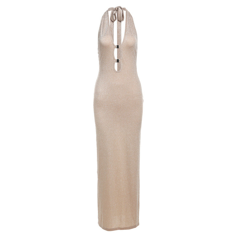 Elegant Halter Backless Tied V neck Slim Fit Dress Maxi Dress for