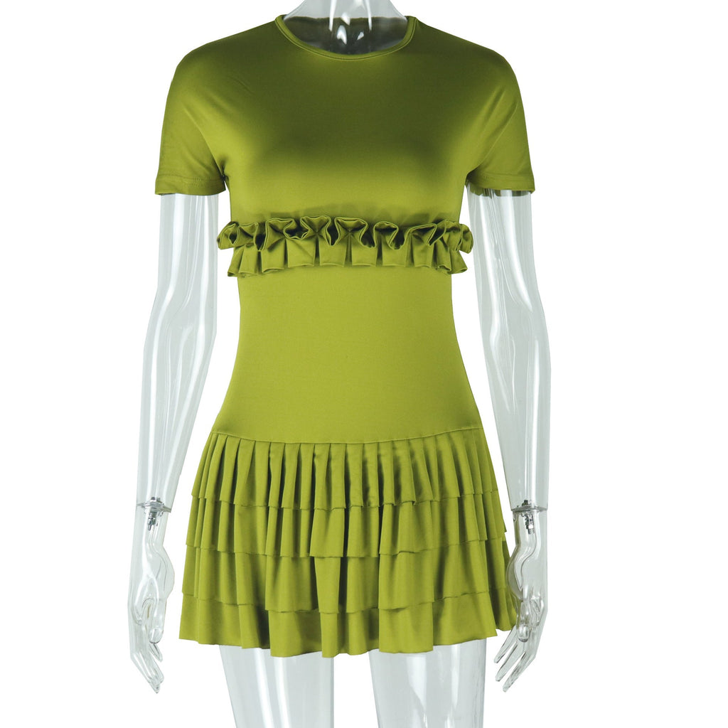 Solid Color Tight Sweet Fresh Pleated Skirt Short Sleeve round Neck Short Dress