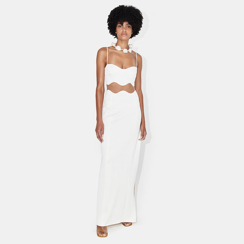 Wave Mesh Spaghetti Strap Dress Cropped Outfit See through Split Dress