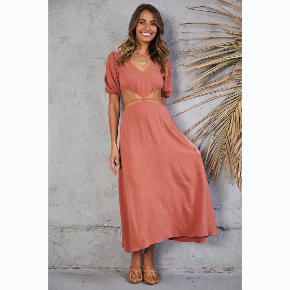 Solid Color High Waist Mid-Length Dress Hollow Out Cutout Hollow Out Cutout Out