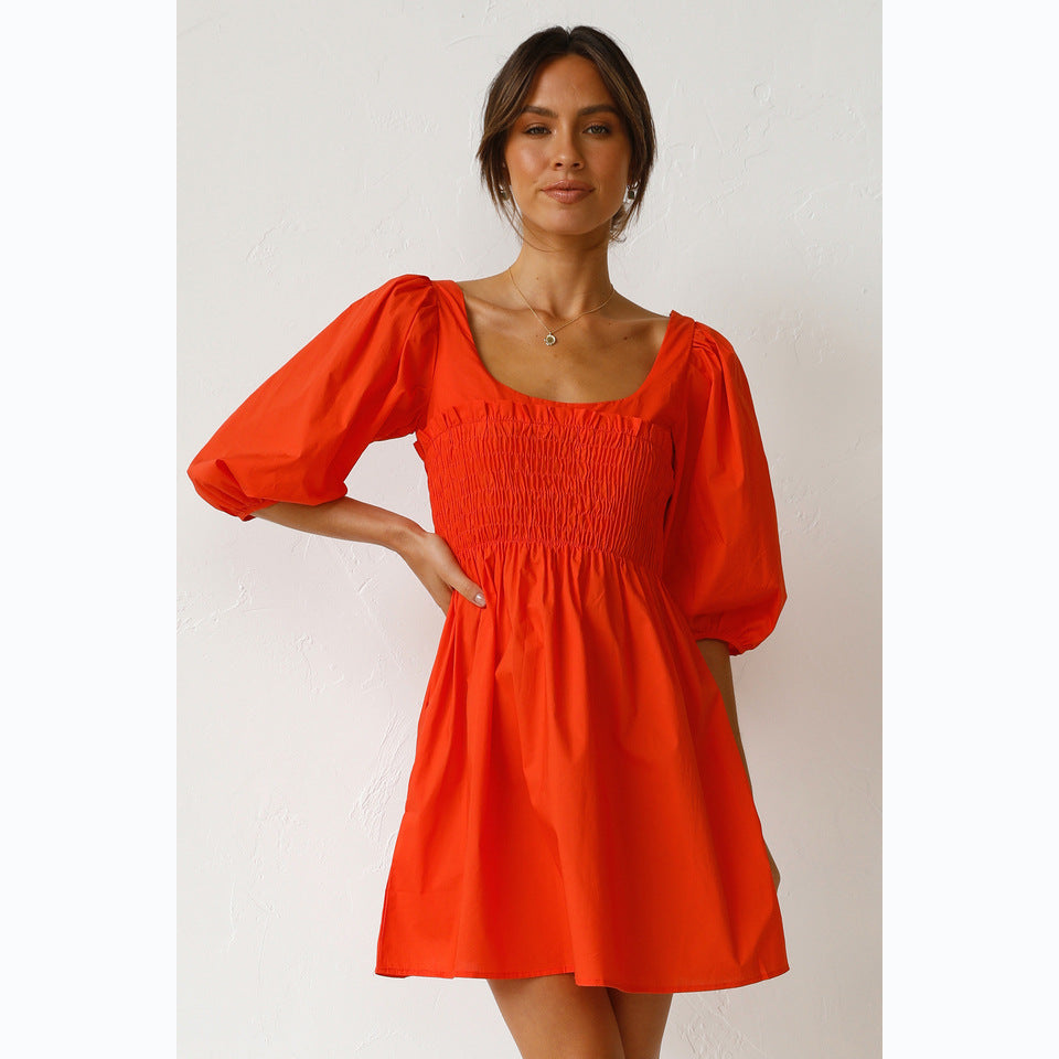 Solid Color U-Collar Tight Waist Fresh Sweet Short Dress