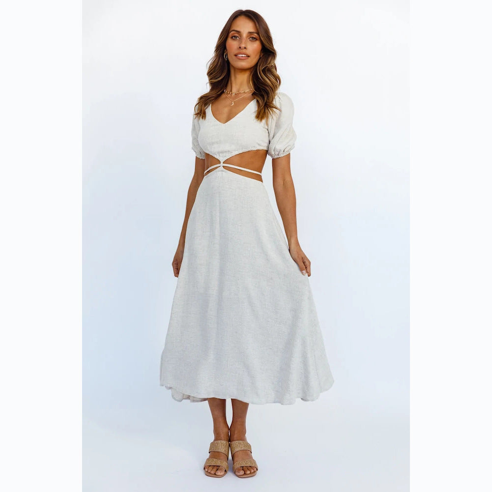 Solid Color High Waist Mid-Length Dress Hollow Out Cutout Hollow Out Cutout Out