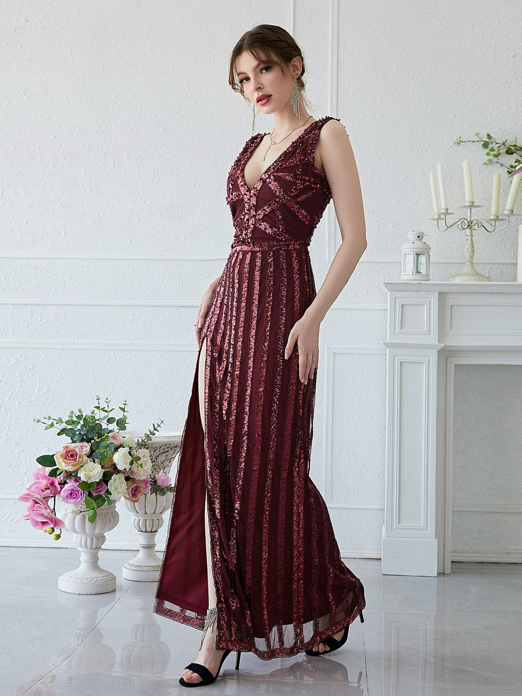 Heavy Industry Manual Beaded Red Maxi Dress Sequined Beaded Maxi Dress Ball Gown