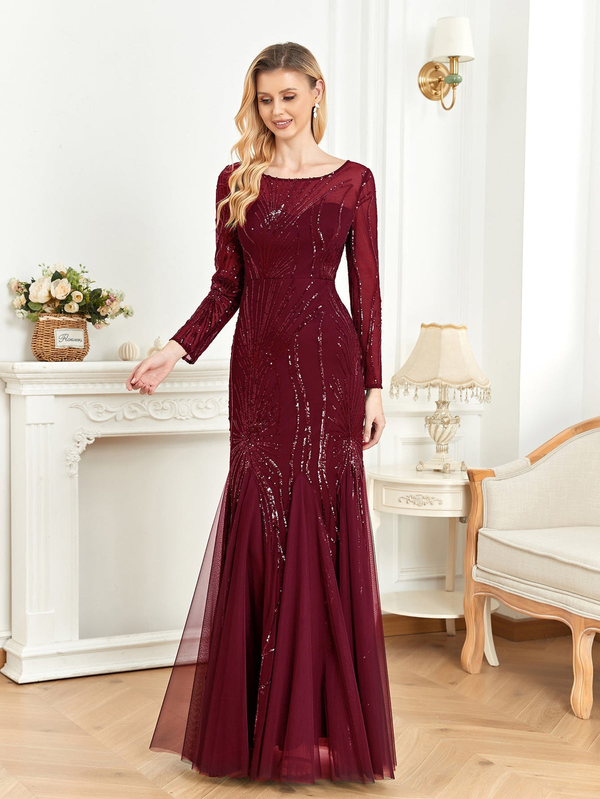 Dress Long Sleeve round Neck Slim Fit Fishtail Bridesmaid Cocktail Evening Dress for Toasting Elegant