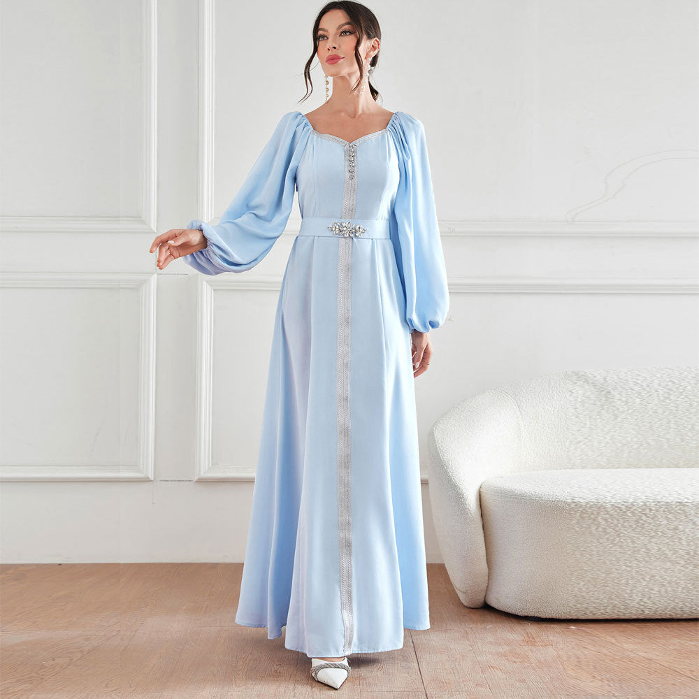 Middle East Muslim Elegant High Waist Rhinestone Dress Robe