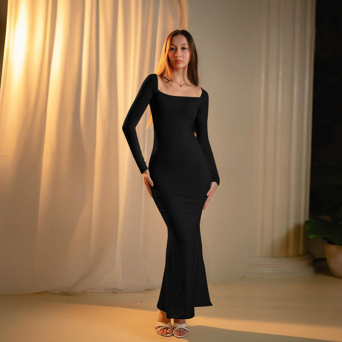 Square Collar Slimming Elegant Black  Dress