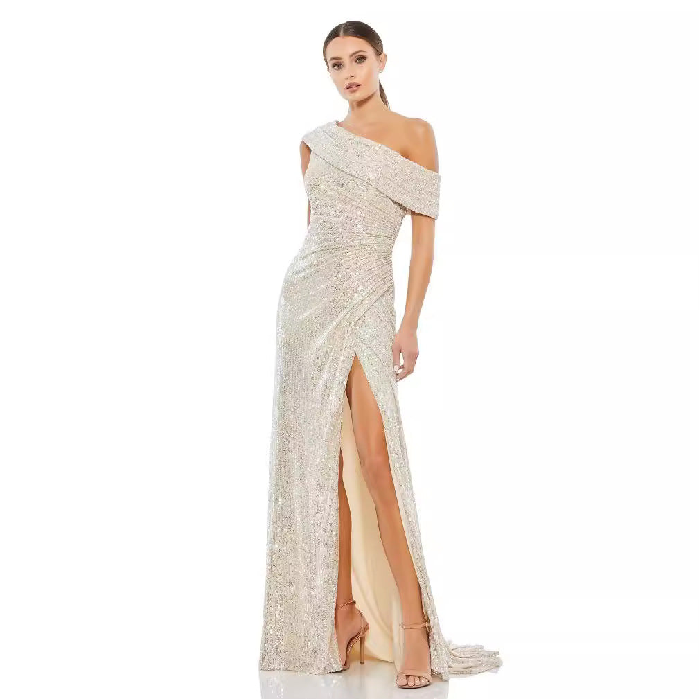 Fashionable Sequ Diagonal Collar High Slit Socialite Dress (4 Colors)