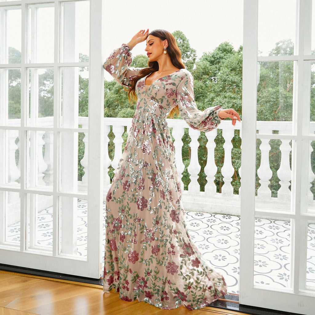 Long Sleeve V neck Long Sequined Cocktail Large Swing Evening Dress Bridesmaid
