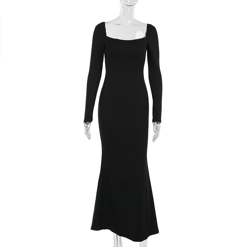 Square Collar Slimming Elegant Black  Dress