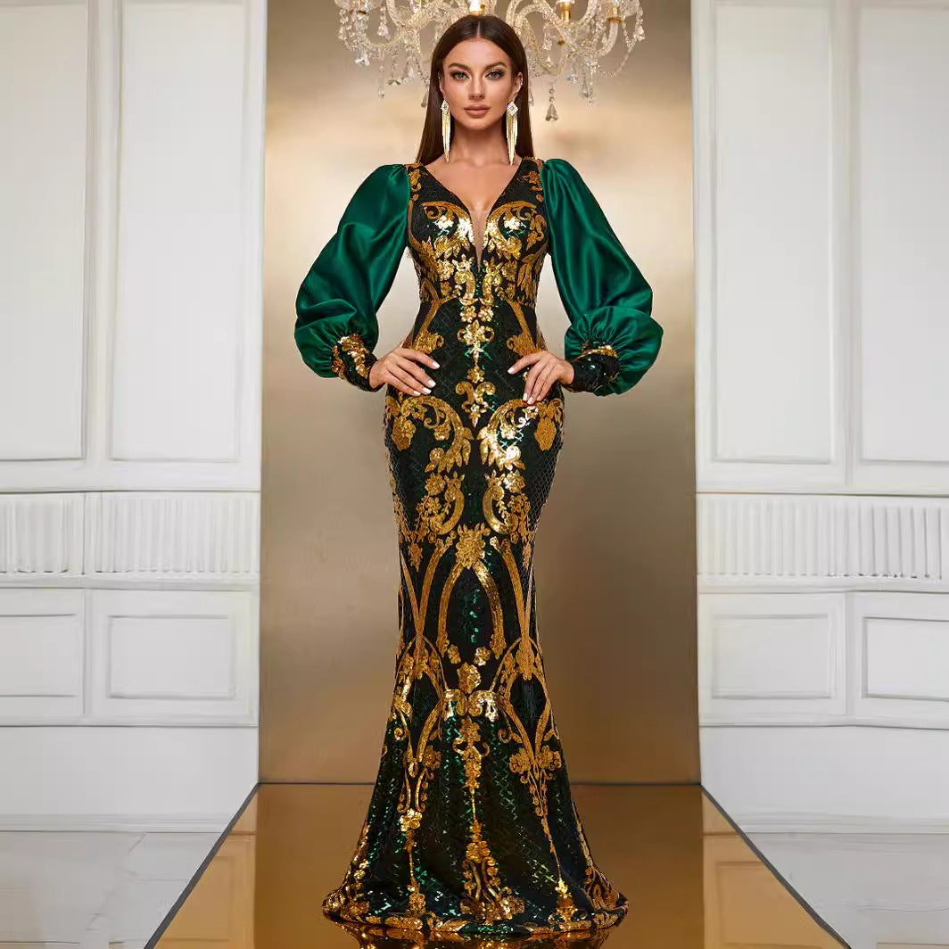 Heavy Industry Dress Sequined Long Sleeve Waist Cloak Party Dress Maxi Dress