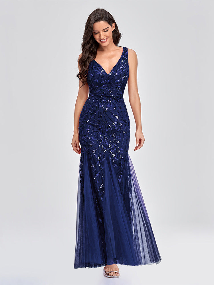 Evening Dress V neck Tulle Embroidered Sequ Mermaid Prom Formal Dress