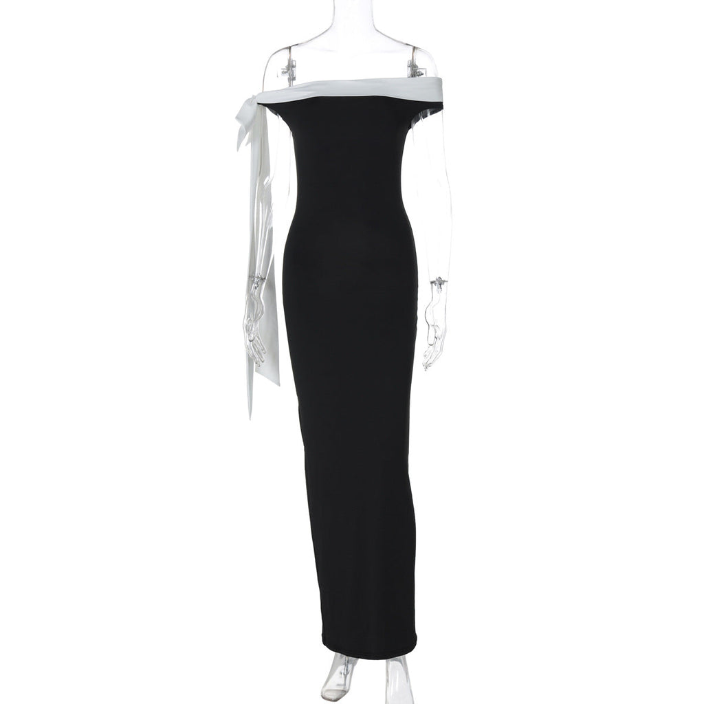 off Shoulder Ribbon Slim Solid Color Dress