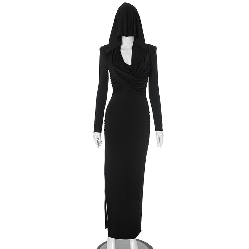 Solid Color One Piece Hat Long Sleeve Side Slit Maxi Dress