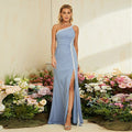 Blue One Shoulder Evening Dress Fishtail Slit Host Cocktail Performance Star Same
